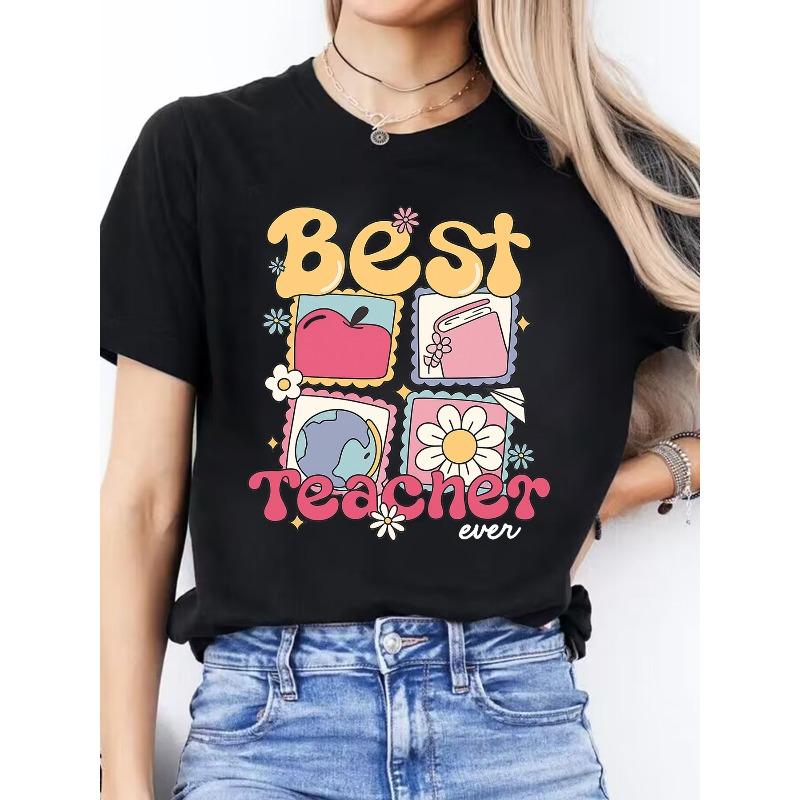 Spanish Letter Print Spring Summer Casual Round Neck Short Sleeve Sports T-Shirt Women's Top