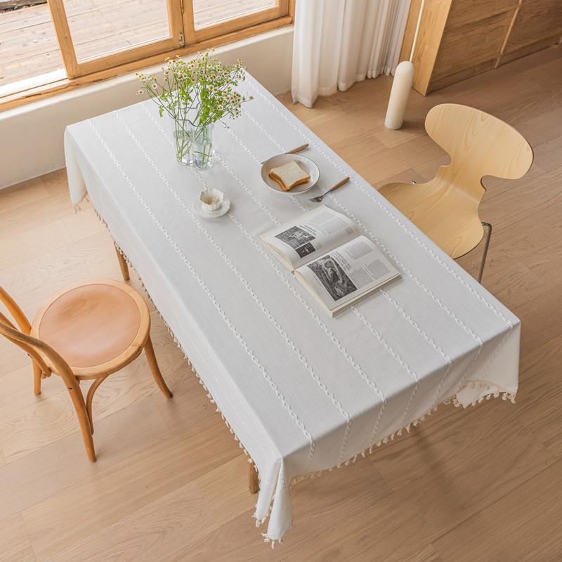 Imitation Baumwolle und Leinen Bestickte Fransen-Spitze Geometrisch Rechteckig Kaffeetisch Tischdecke Esstischdecke
