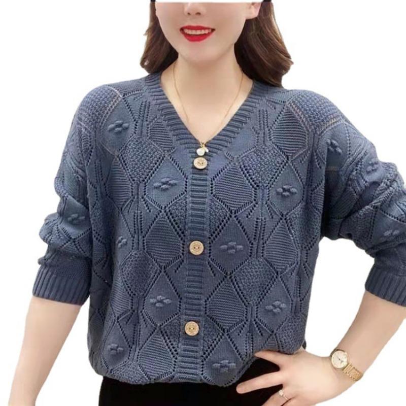 Suéter de punto de color sólido fino con cuello en V y manga larga para mujer, suéter holgado y adelgazante para primavera y verano