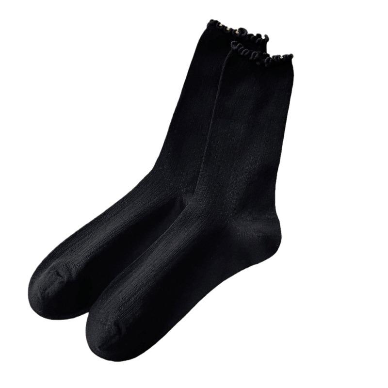 Boneless Socks for Women, Summer Thin Mesh Breathable Pile Socks, Black Fungus Edge Mid-calf Socks, Loose Lace Postpartum Socks for Women