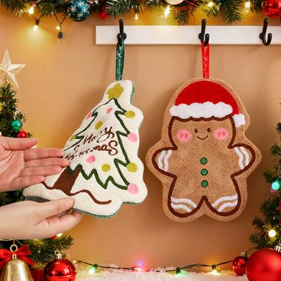 1Pc Christmas Cartoon Hand Towel Gingerbread Man Snowman Tree Design Coral Fleece Hanging Towels Home Kitchen Bathroom Decor