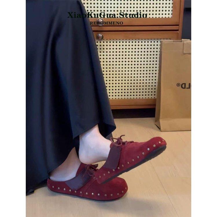 

Soft leather version! Round head retro rivets, thick-soled Birkenstocks, one-pedal lazy shoes, spring and autumn bag head, half slippers, outer wear 40