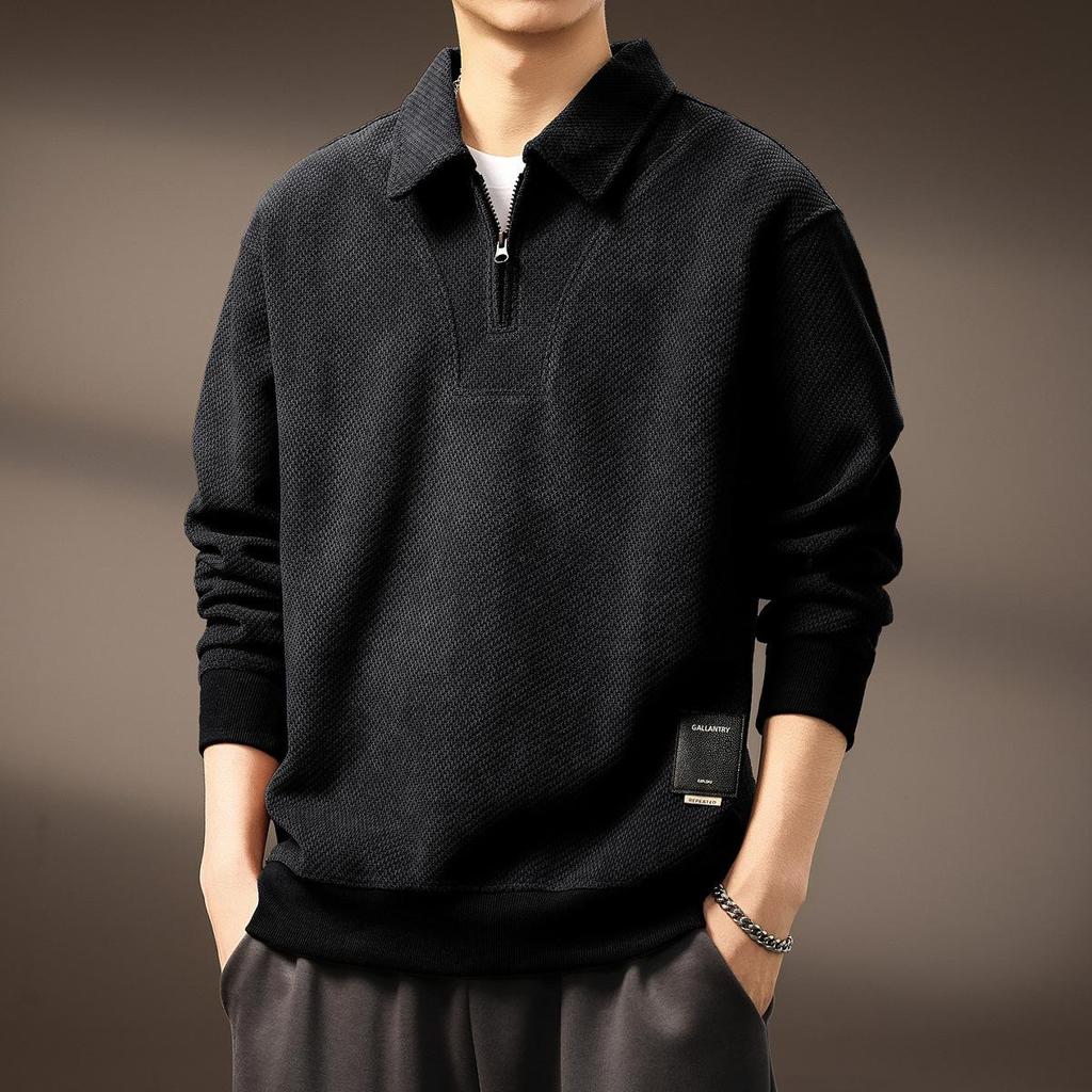 Men's High-End Half-Zip Corduroy Plush Hoodie: European Cotton, Ribbed Long Sleeve, Loose Fit, Autumn Polo Shirt.