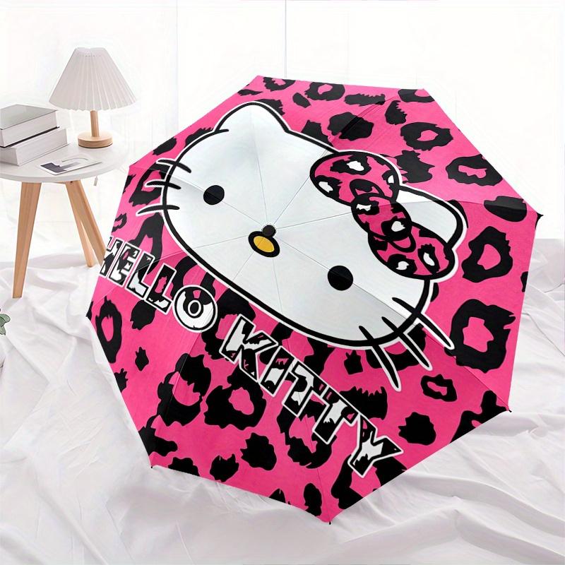 Hello Kitty,Leopard Print Automatic Folding Umbrella-Simple 8-Rib Design, Bright Cartoon Pattern, Durable Iron Frame, Suitable For Travel, O