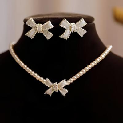 1set Pearl Bow Pendant Necklace Earrings Set Women's Light Luxury Niche Design Versatile Accessories Ins Style