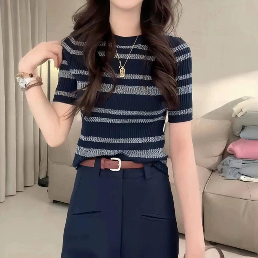Color-block Striped Open-weave Lightweight Women's Summer New Style Versatile Fashionable Round-neck Short-sleeved T-shirt