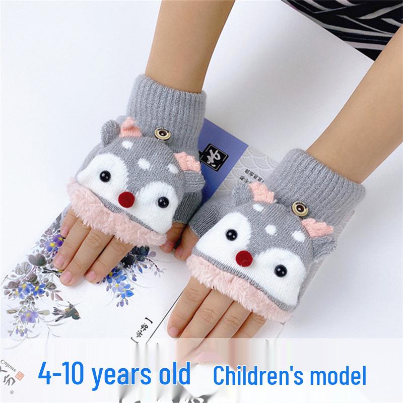 Children's Winter Cartoon Reindeer Flip-Top Half-Finger Gloves, Ages 4-10, Boys & Girls, Plus Velvet, Thick Cotton, Warm.