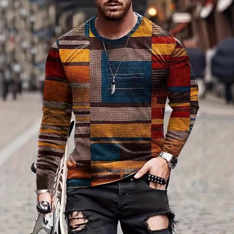 Men's Spring Summer Long Sleeve T-Shirt Green Geometric Patchwork Print Casual Streetwear