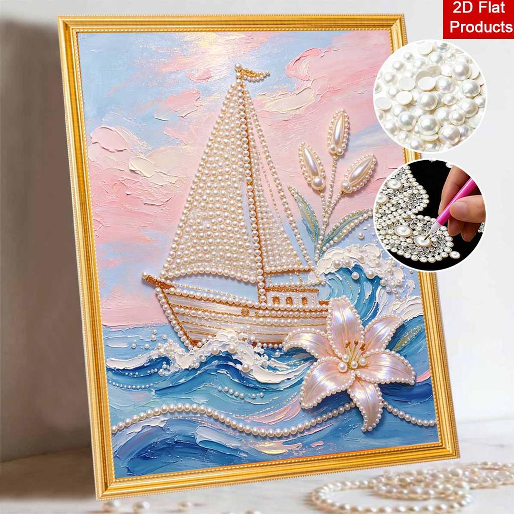 DIY Frameless Pearl Painting Kit Sailboat Ocean 3D Shiny Bead Art Canvas Relaxing Creative Craft for Home Wall Decor Gift