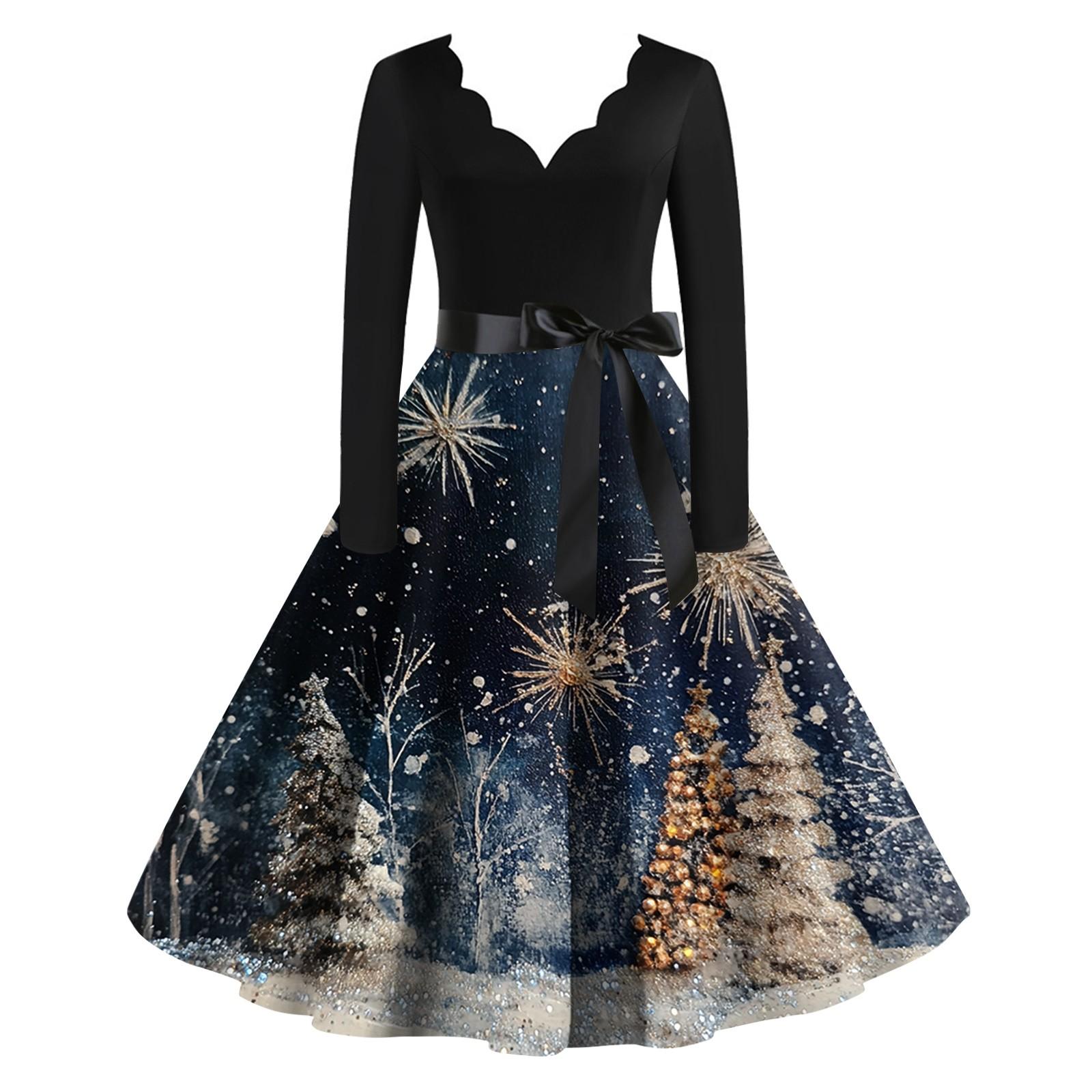 

Женское рождественское платье с V-образным вырезом и широким подолом, длинное платье с рукавами S синий