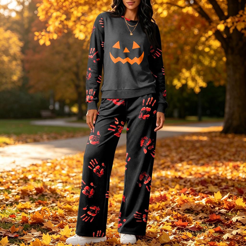 Women's Halloween Print Hoodie and Jogger Pants Set, Round Neck Loose Fit Casual Sweatsuit