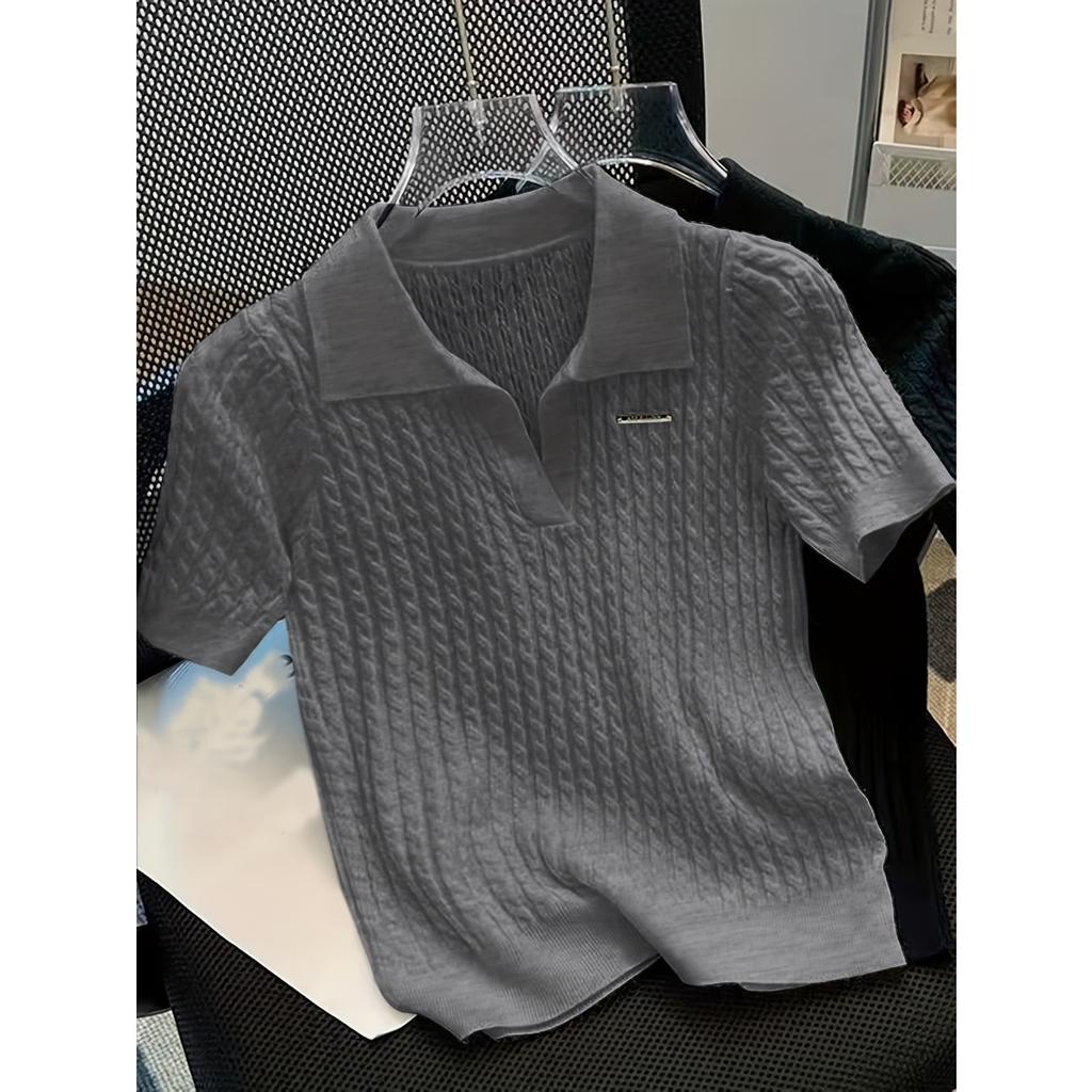 Tricou cu mâneci scurte cu mâneci scurte, cu rever, cu rever, din mătase de gheață