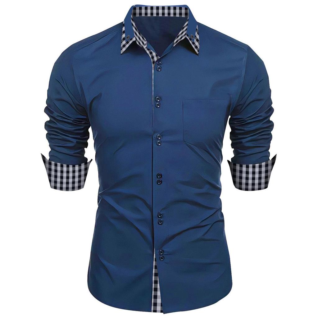 Camicia da uomo a quadri color block business casual slim-fit a maniche lunghe per primavera e autunno