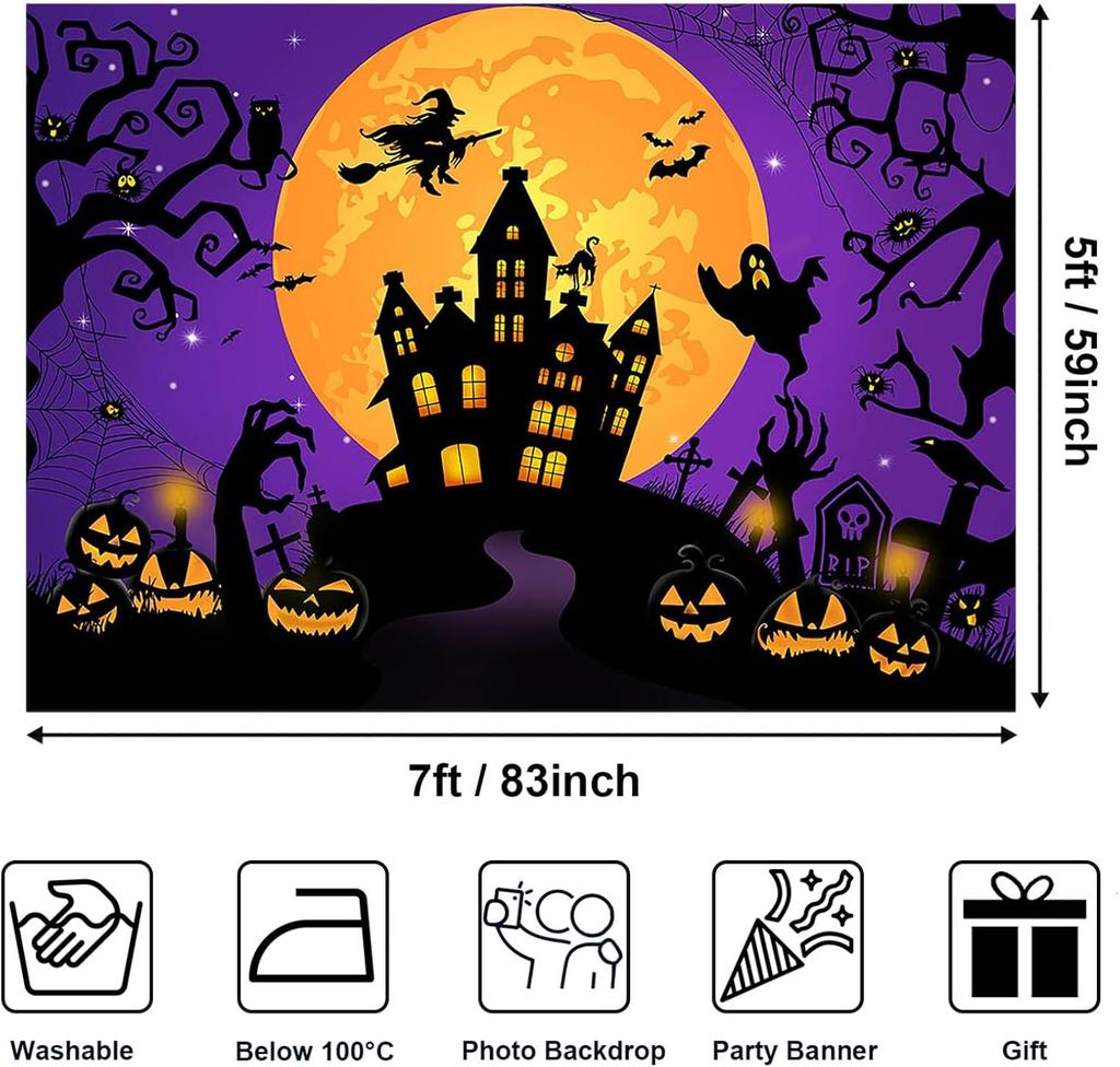 Avezano Halloween Backdrop Horror Moon Night Halloween Backgrounds for Parties Haunted Castle Scary Party Decoration, Orange 7 x