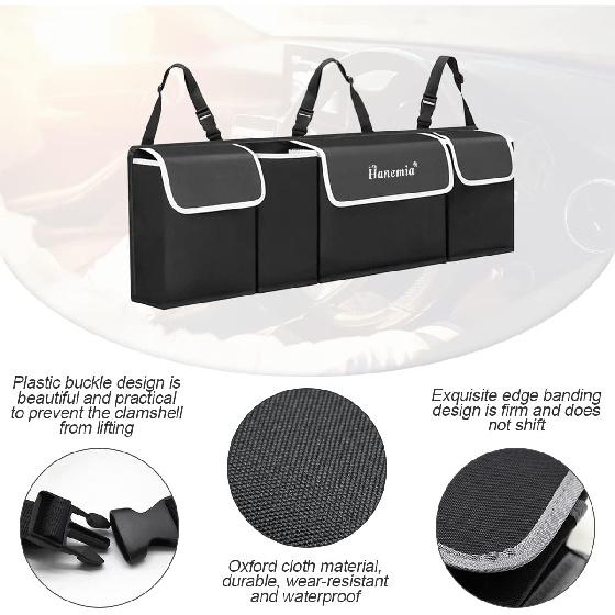 Car Trunk Organizer and Storage, Backseat Hanging Organizer for SUV, Truck, MPV, Waterproof, Collapsible Cargo Storage Bag with 4 Pockets, Car