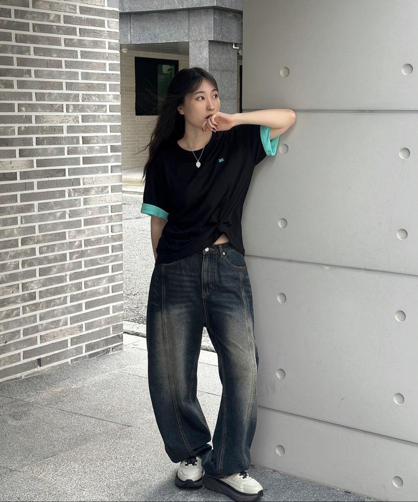 AWESOME STUDIO Color Block Roll-Up Sleeve T-Shirt Black