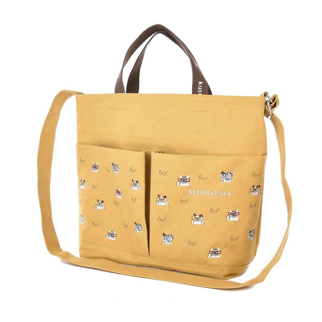 Kusguru Japan Women's Shoulder Tote Bag, Cat Print, 247518, Mustard
