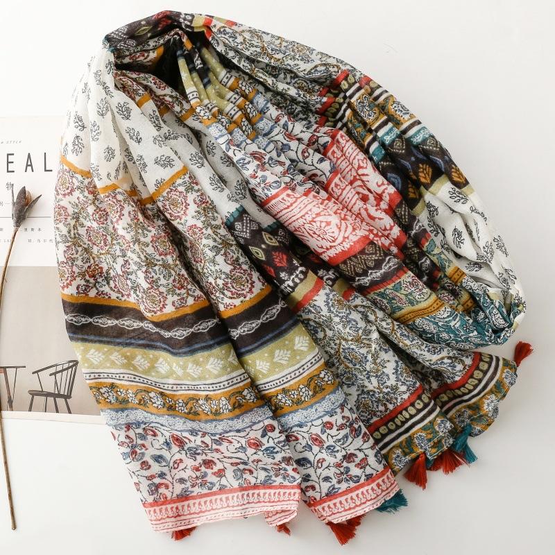 Women Viscose Scarf Summer Beach Shawl Cotton Linen Feeling Tassel Bohemian Style Floral Pashmina Muslim Hijab Wrap Lady
