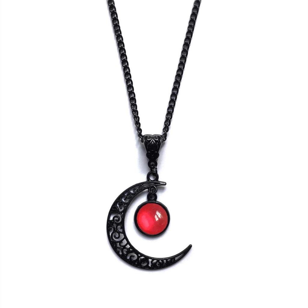 Bohemian Gothic Black Flower Silk Crescent Moon Necklace