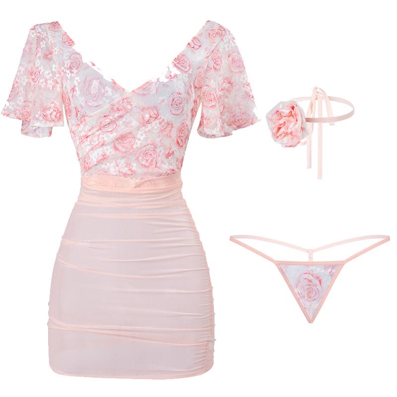 Manyan Deep V Floral Rose High-Waist Sexy Lingerie Set