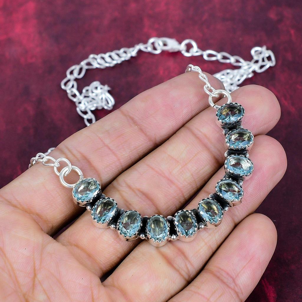 Blue Topaz Necklace 925 Sterling Silver Jewelry, Handmade Necklace Adjustable, Gemstone Jewelry, Engagement Gifts
