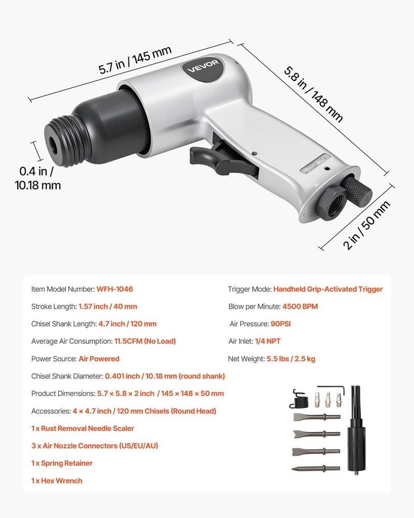 Air Hammer, 4500BPM Pneumatic Hammer with Rust Removal Air Needle Scaler & 4PCS Chisels Round Shank, Lightweight & Compact Air Chisel Pneumatic Shovel