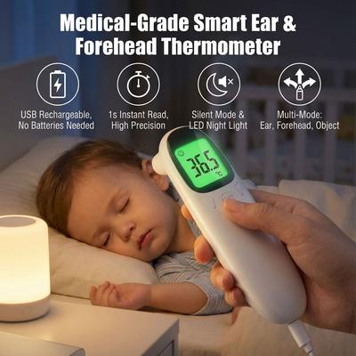 Medical Grade Infrared Thermometer USB Rechargeable Accurate Forehead Ear Temperature Measurement for Home Fever Monitor