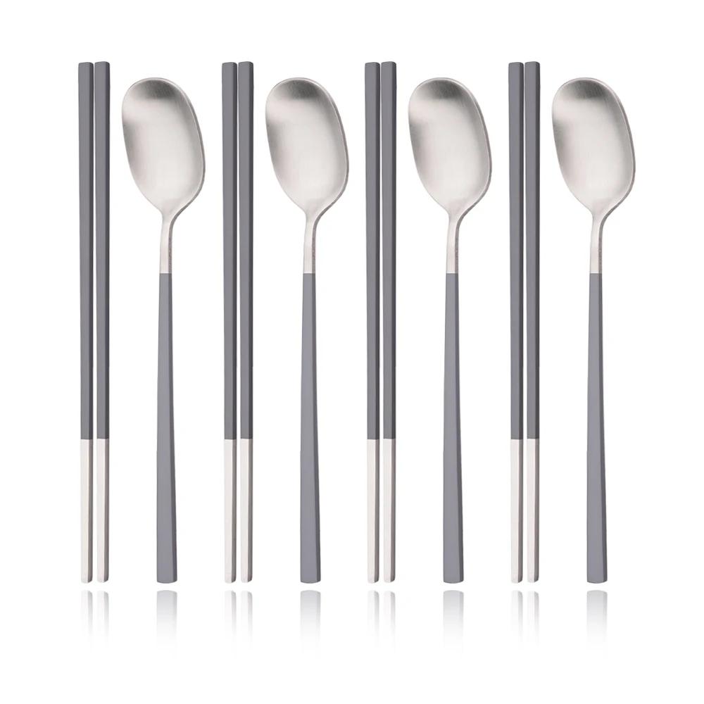 Stainless Steel Matte Cutlery Set Sushi Sticks Dinner Spoons Set 8Pcs Dinnerware Korean Chopsticks Dessert Spoon Flatware Set