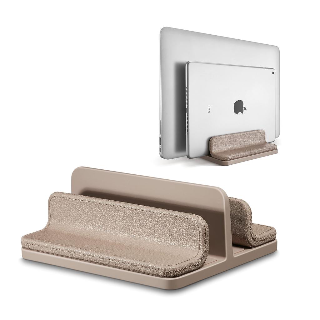 Vertical PU Leather Laptop Holds Two Adjustable Fits Stand, Laptops, Width, MacBook/Air/Surface/Pad/Smartphones, Etc. (Apricot)