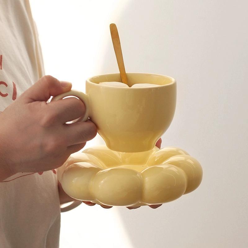 Sunflower Coffee Mug Aesthetic Ceramic Cloud Cup Decorative Saucer Afternoon Tea Water Cup Office Decor Home Mug Drinkware