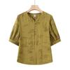 LangSha Women's Tencel Cotton Jacquard V-Neck Short Sleeve Top