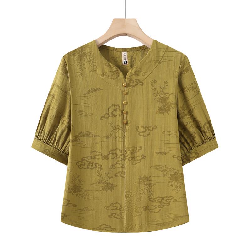 LangSha Women's Tencel Cotton Jacquard V-Neck Short Sleeve Top