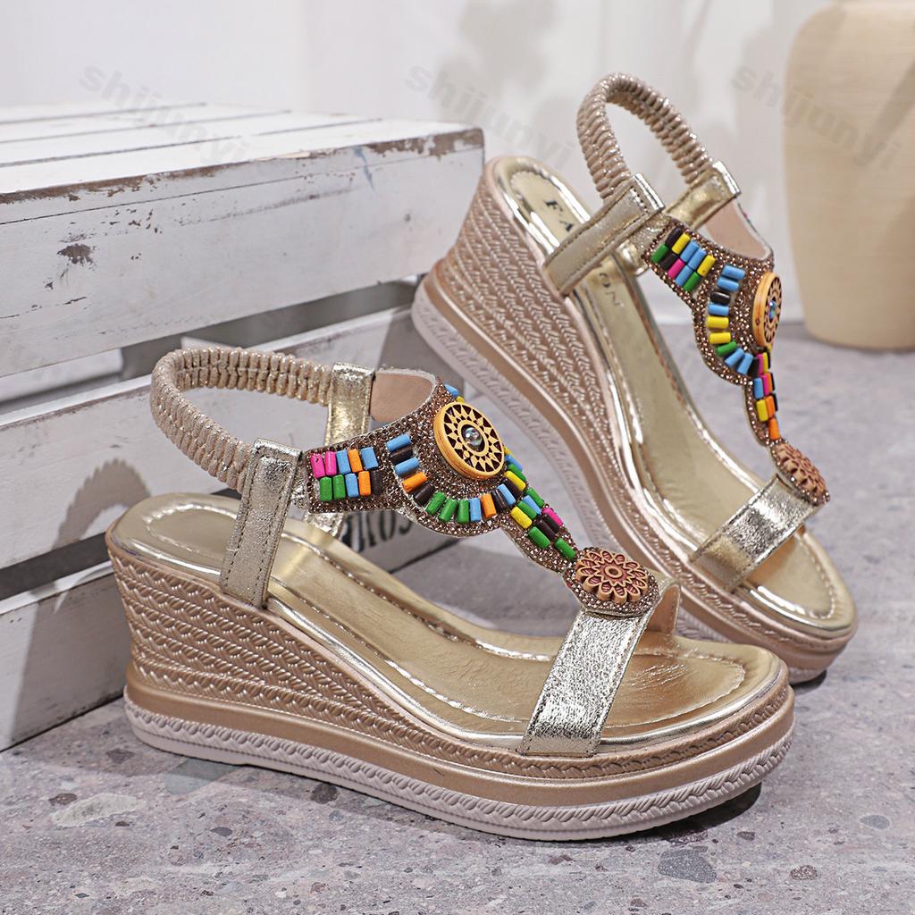 Fashion Summer 2025 Fashion Ethnic Style Comfortable Casual Sandals Women's Bohemian Beaded Open Toed Wedges Beach Cool Flip Flops Pumps