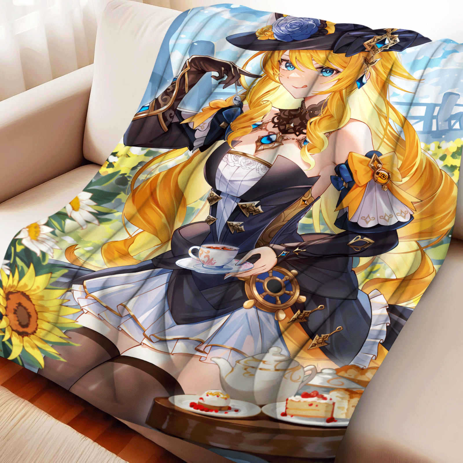 Game Genshin Impact Navia Caspar Flannel Blanket Cover Warmth Soft Anime Blanket Multifunctional Decor Home Universal Blankets 130x150cm