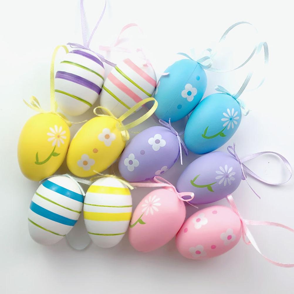 12 Pcs Easter Eggs for Hanging Plastic Colorful Easter Eggs with Silk Ribbon Decorative Easter Eggs