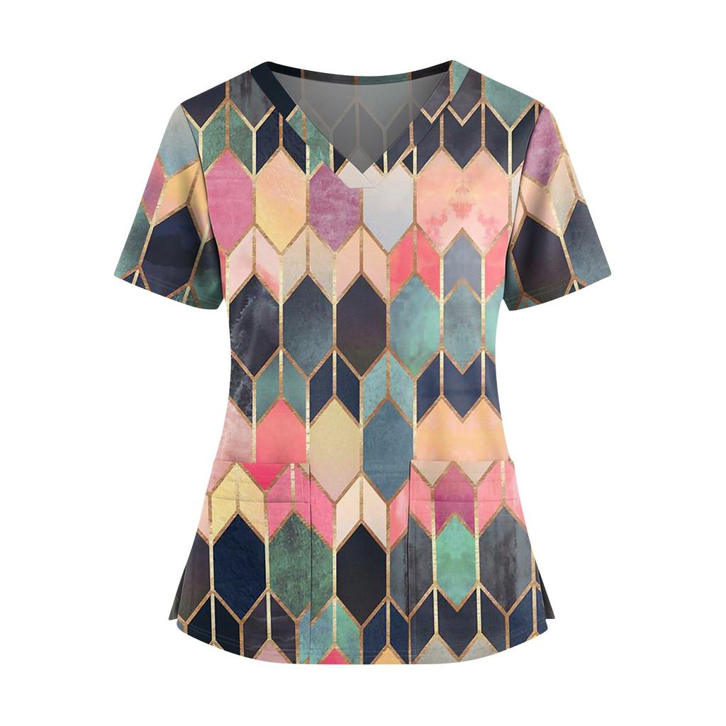 Women's Fashionable Printed V Neck Double Pocket Short Sleeved Shirt With Slit Hem Uniform And Worker Top