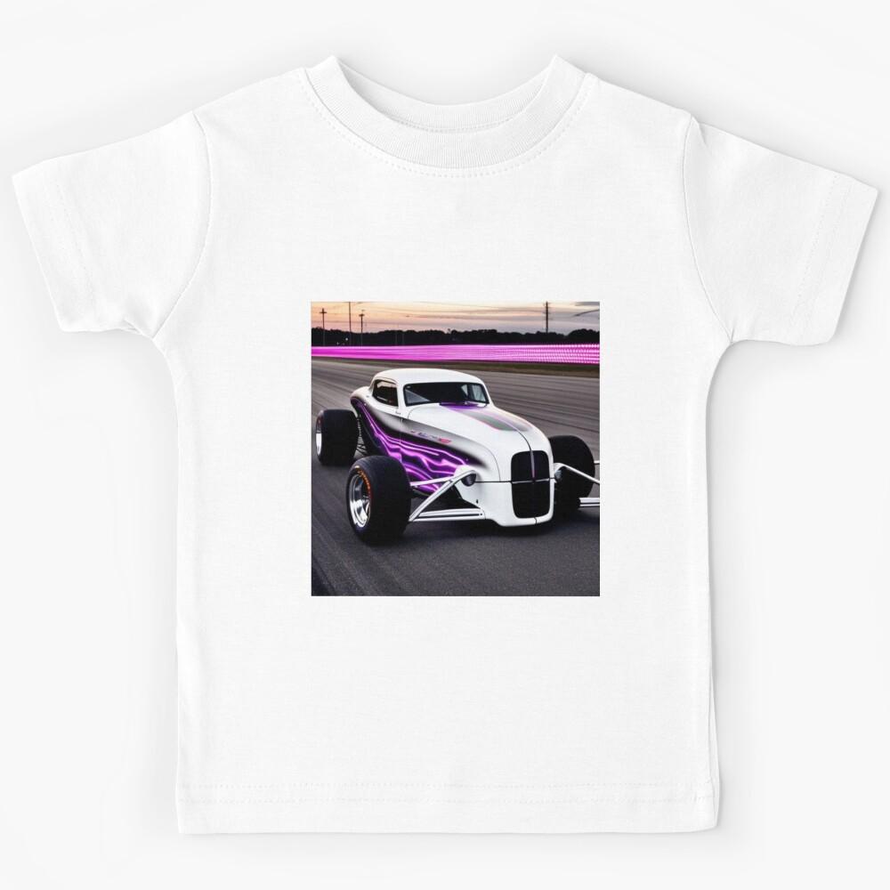 White Lightning Hot Rod Muscle Car on Racetrack Kids T-Shirt 150