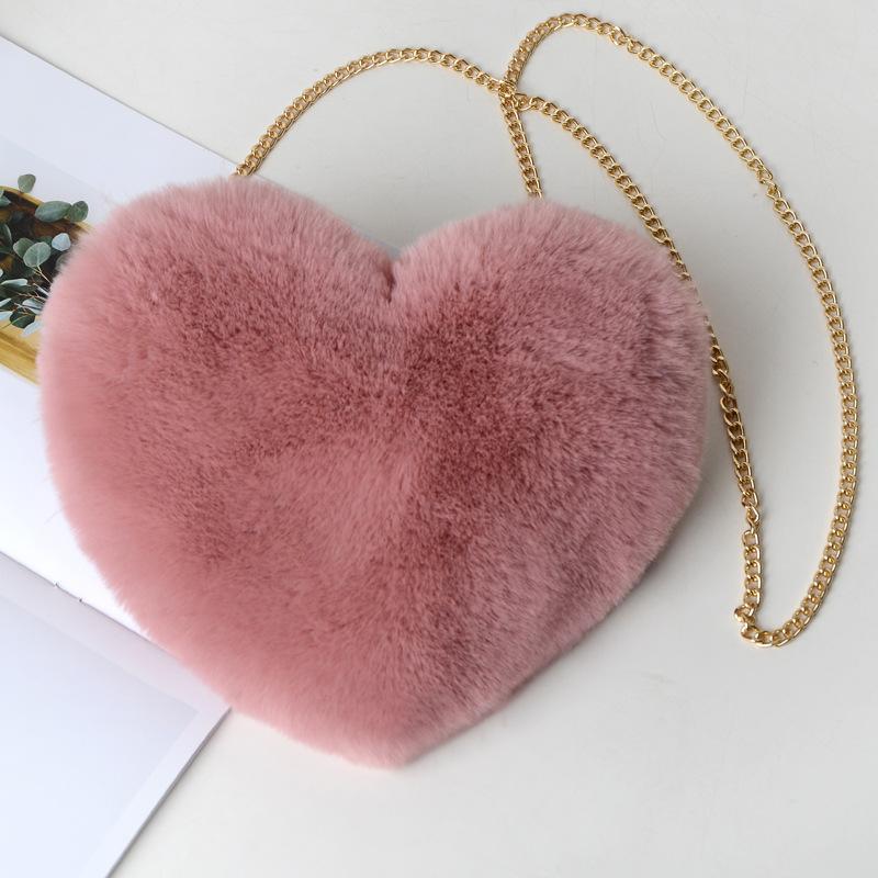 Cute Sweet Love Heart Shaped Women's Crossbody Bags Fashion Soft Plush Ladies One Shoulder Bag Comfortable Fluffy Solid Color Chain Female Handbags
