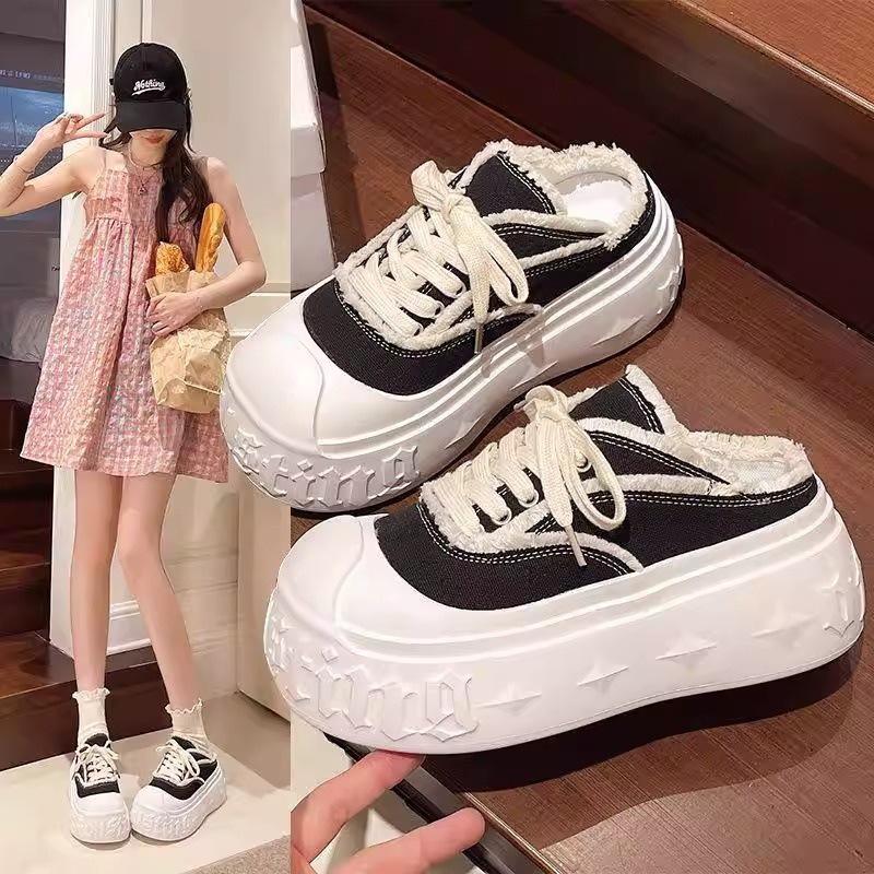 Big head bread shoes beggar canvas shoes bag head half slippers summer wear 2025 spring new thick sole heightening women's shoes