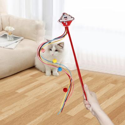 Katzen-Teaser-Zauberstab, interaktive Katzenquastenstange mit Cartoon-Plüschfiguren, Glöckchen, Pompom-Bällen, Haustier-Teaser-Stick für Hauskatzen