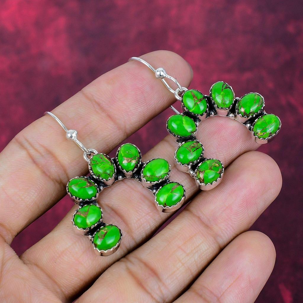 Green Copper Turquoise Handmade Gemstone Earrings, 925 Solid Sterling Silver Earrings Birthstone Jewelry, Love Forever Gift