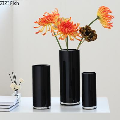 Straight Cylinder Black Glass Vase Plant Pot Table Decoration Flower Arrangement Minimalist Floral Vases Room Aesthetic Decor
