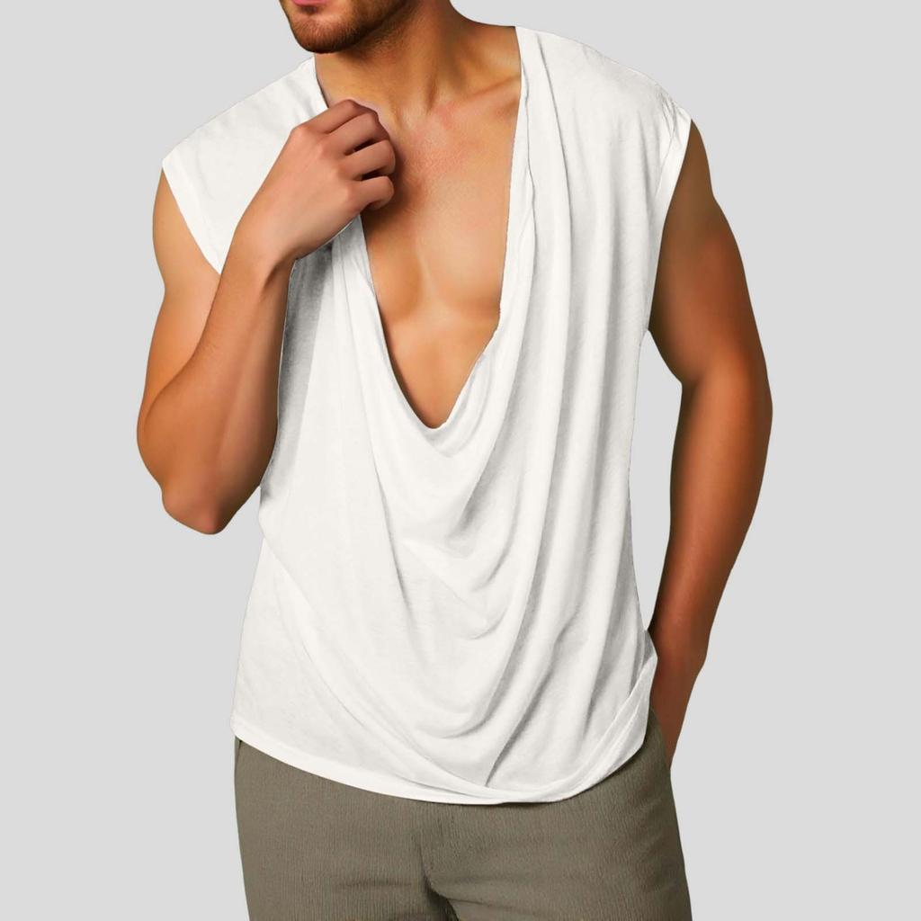 Men's Sleeveless Color Sports V-neck Base Shirt, Swing Neck Vest