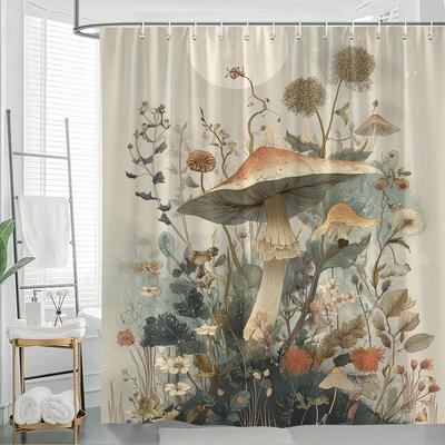 1 pièce Rideau de douche Champignons d'automne Design Botanique Floral Vintage Tissu Polyester Décor de Salle de Bain Paroi de Douche Suspendu