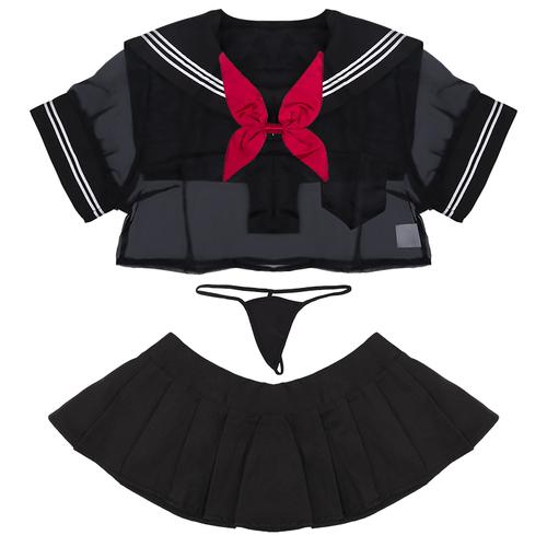 Womens Student Uniform with Front Tie Plaid Mini Skirt Red Exotic Costumes Role Play Sexy Keyhole School Girls Lingerie