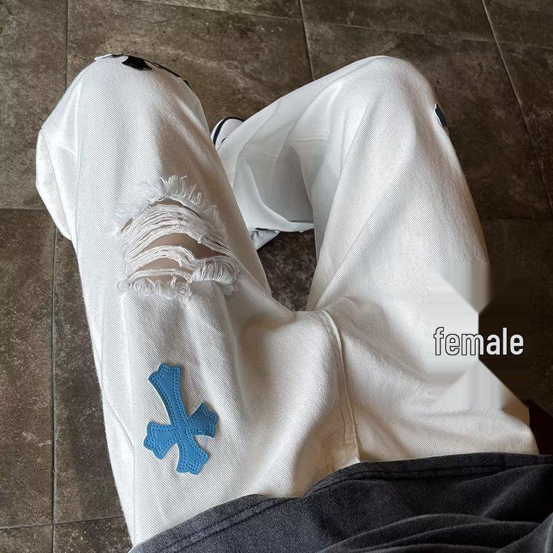 2023 American High-Street Unisex Casual Straight-Leg White Jeans