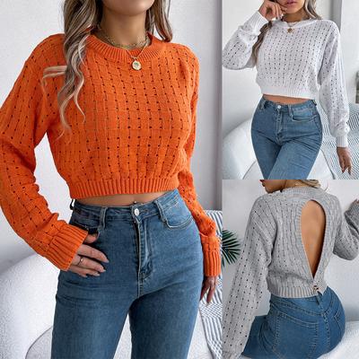 Women Knitted Crop Tops Crew Neck Long Sleeve Pullover Jumpers  Solid Color Loose Sweater