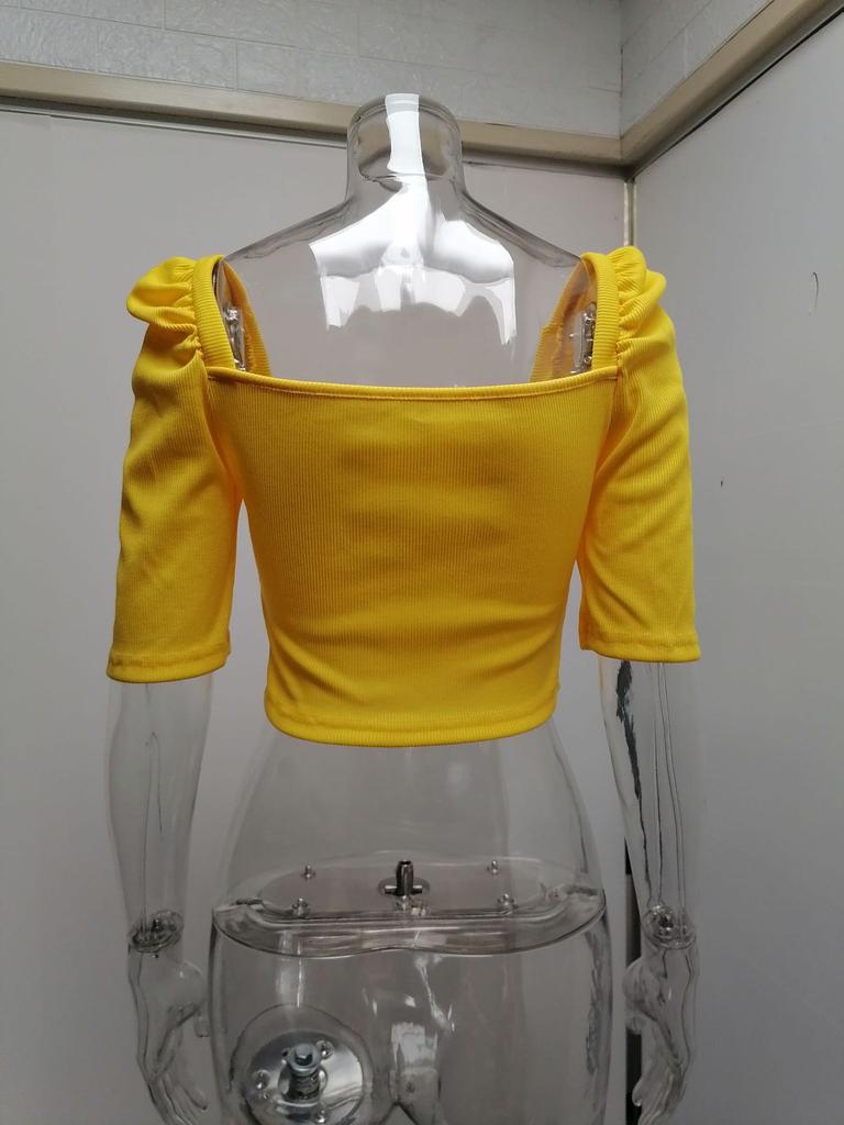 Women's Spring New Women's Simple Square Neck Puff Sleeve Top Women's Short Sleeve