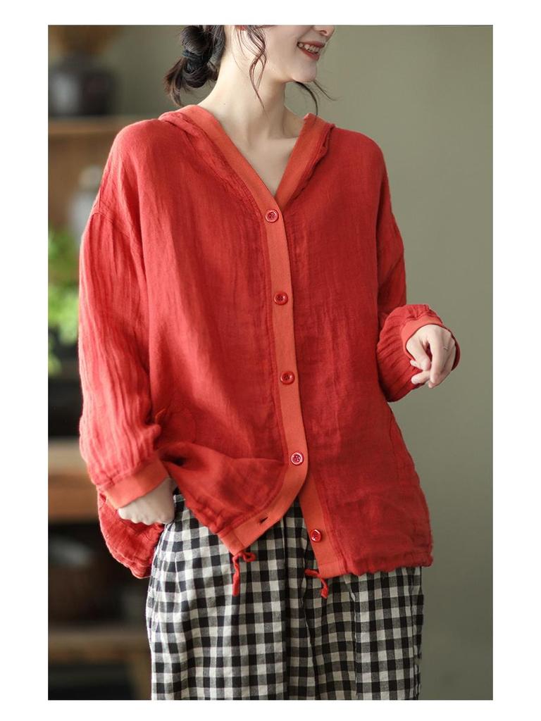 Sommar Retro Bomull Linne Huvförsedd Kofta: Solskyddstopp med lång ärm i plusstorlek