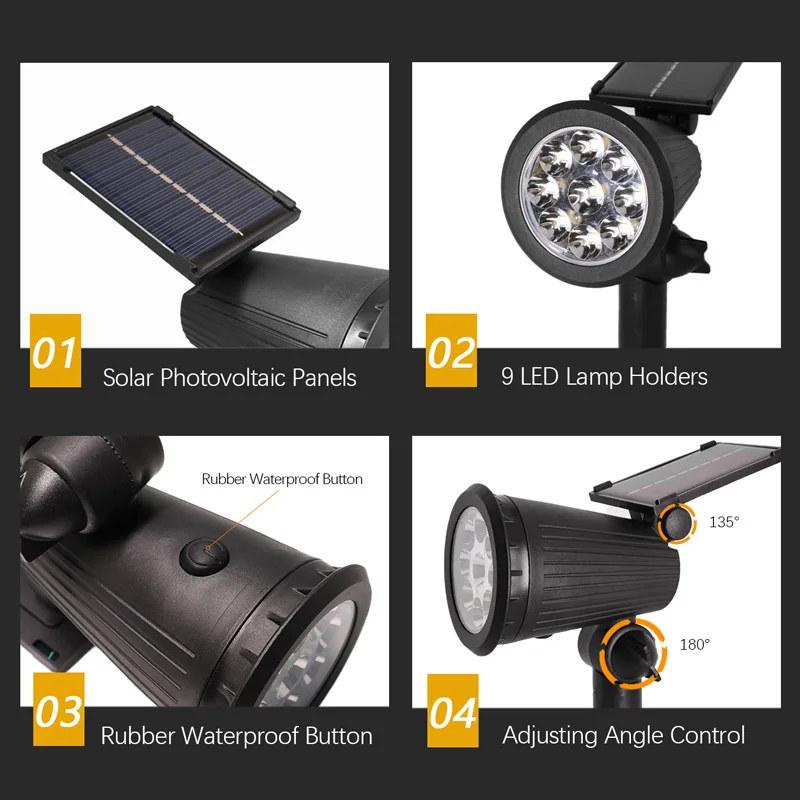 9 LED solar spotlights, utendørs IP65 vanntett, spotlys, lysstyrke justerbar for hage bakgård oppkjørselen uteplass lovdekor